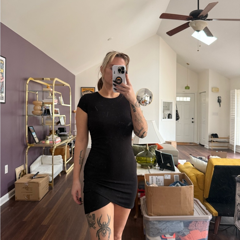 Z Supply Black Asymmetrical Ruched Mini Dress